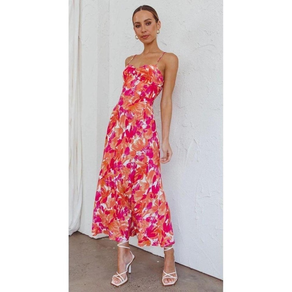 Jessica Simpson‎ Floral Print Smocked Sundress Midi Pink Orange sz Small